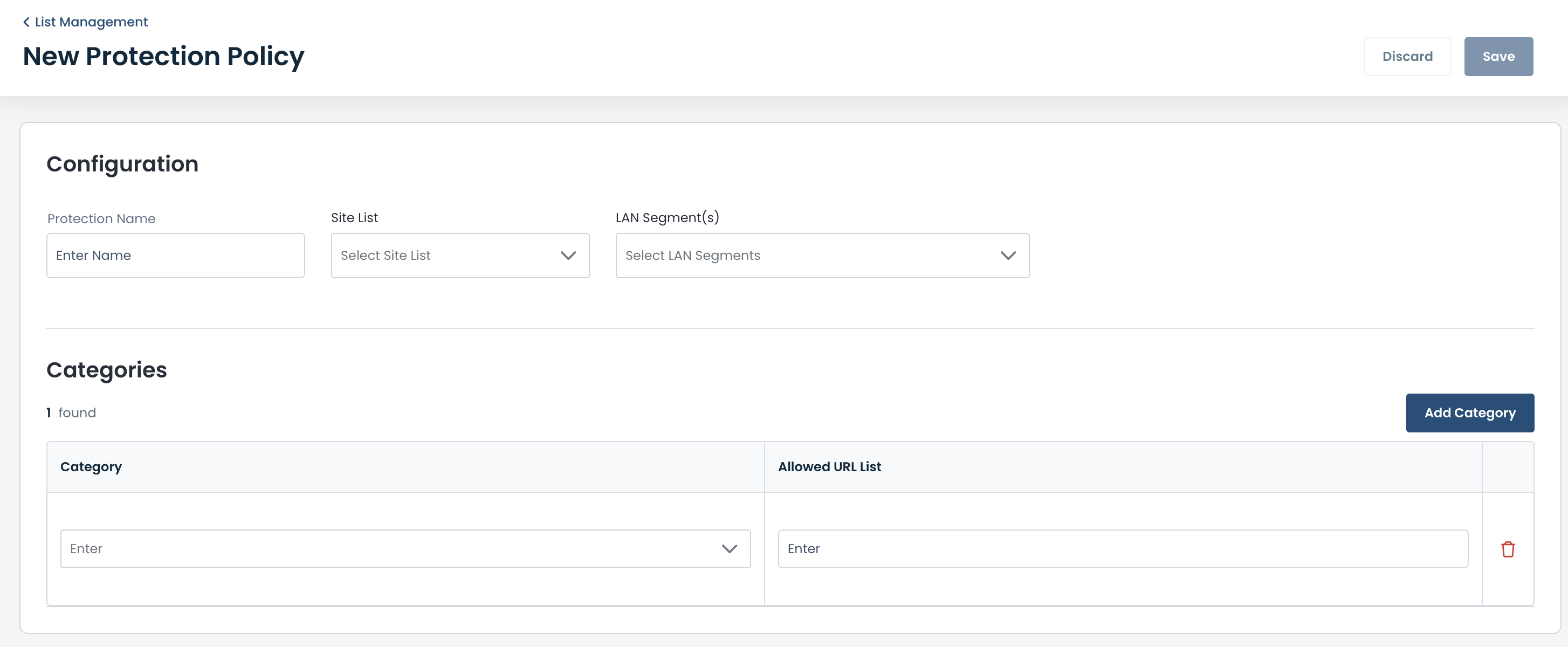 Configuration settings for a new protection policy with categories and allowed URLs.